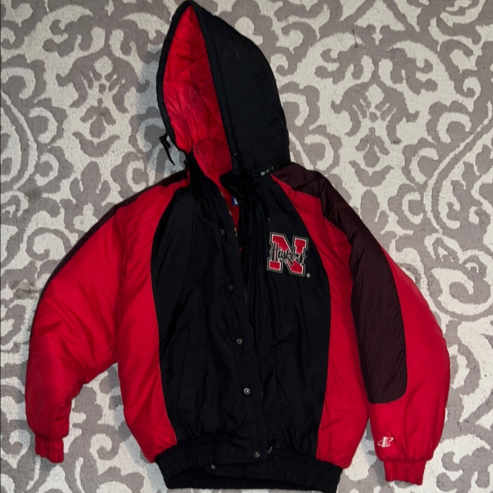 NE Huskers Champion Red and Black Puffer Jacket Full-Zip Athletic Style